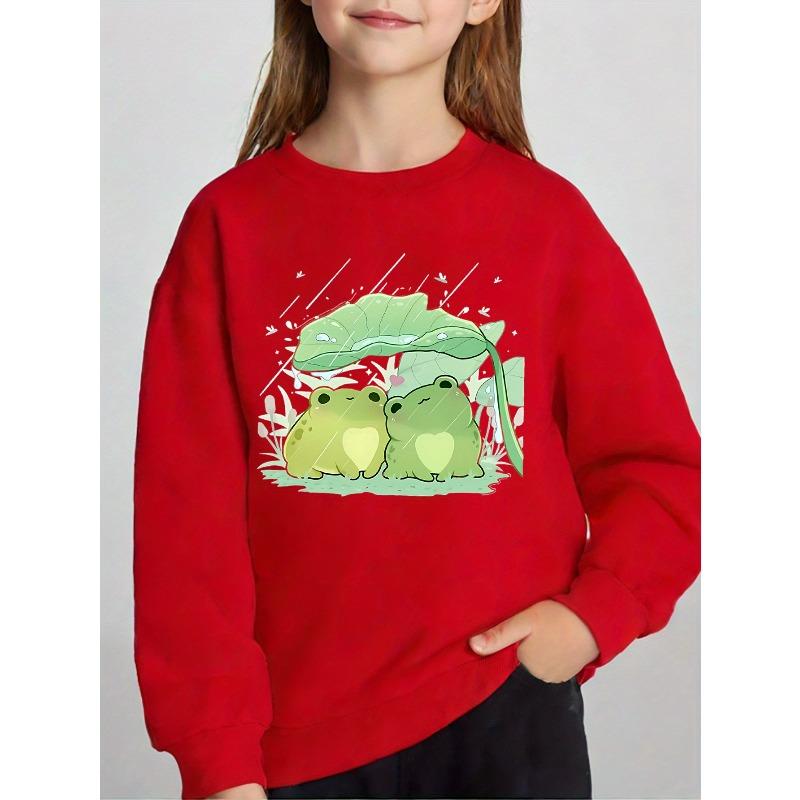 Kids Unisex Crewneck Sweatshirt, Cute Two Heart Belly Frogs Under Lotus Leaf In Rain Cartoon Print, Soft Sweatshirt for Boys Girls Over 4 Years Old