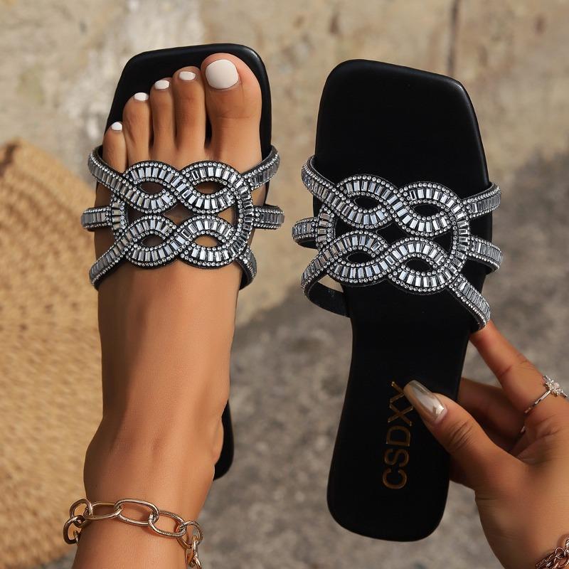 

Уличные модные женские тапочки на плоском каблуке с кристаллами, летние прогулочные туфли, повседневные модельные сандалии, шлепанцы, брендовые пляжные шлепанцы, женские