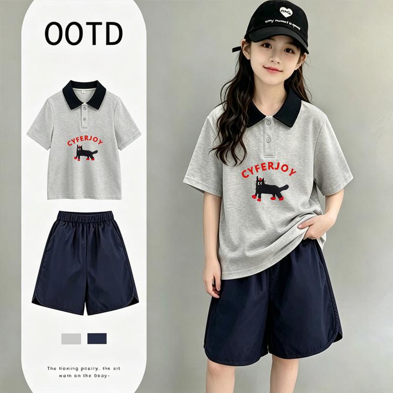 Stylish Girls' Cotton Short-Sleeve Polo Shirt Set for Ages 6-12 - Medium to Large Trendy Patchwork Design