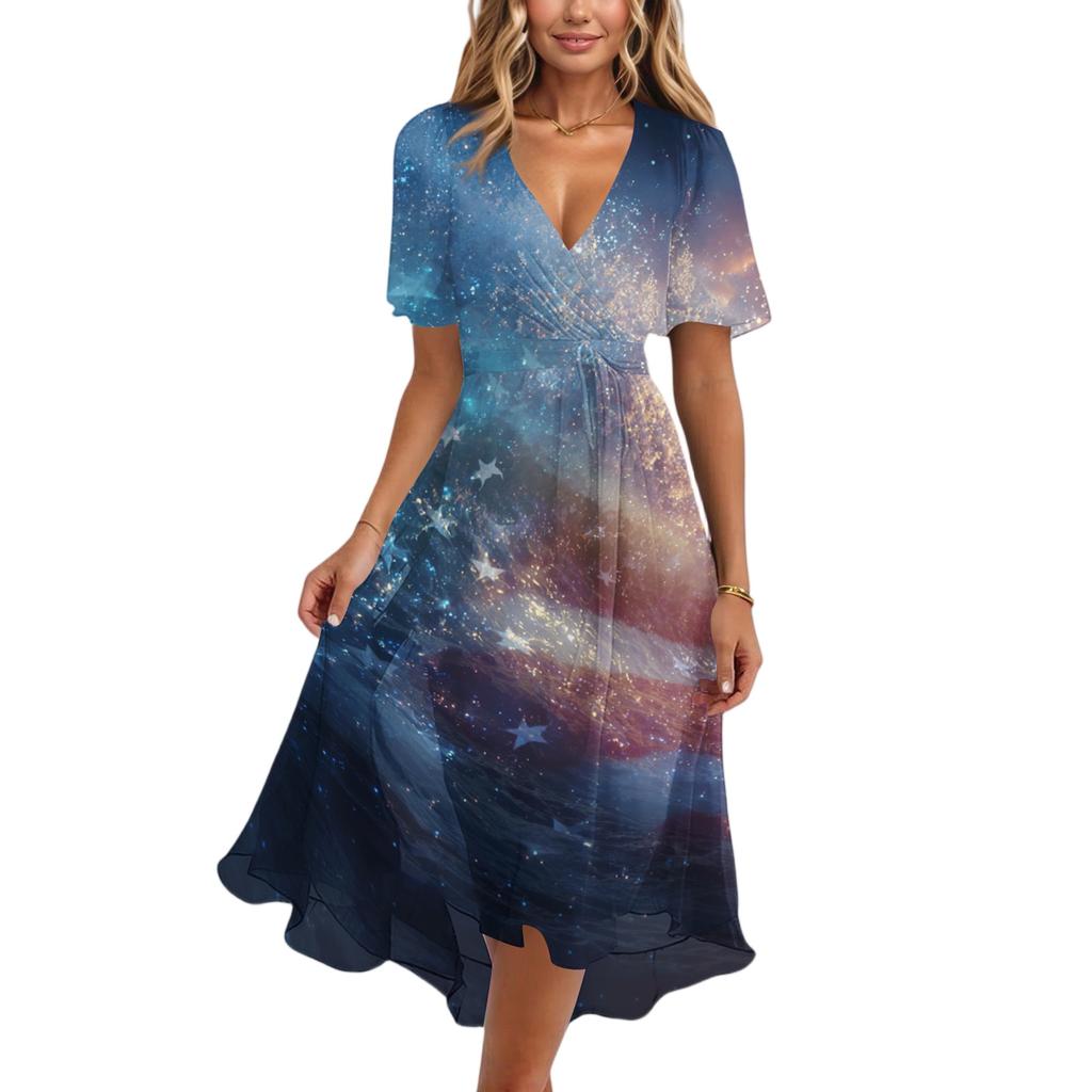 Women's Casual V-Neck Short-Sleeve Independence Day Print Dress