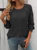 2024 Women's Crew Neck Ribbed Long Sleeve Button T-shirt - Solid Color