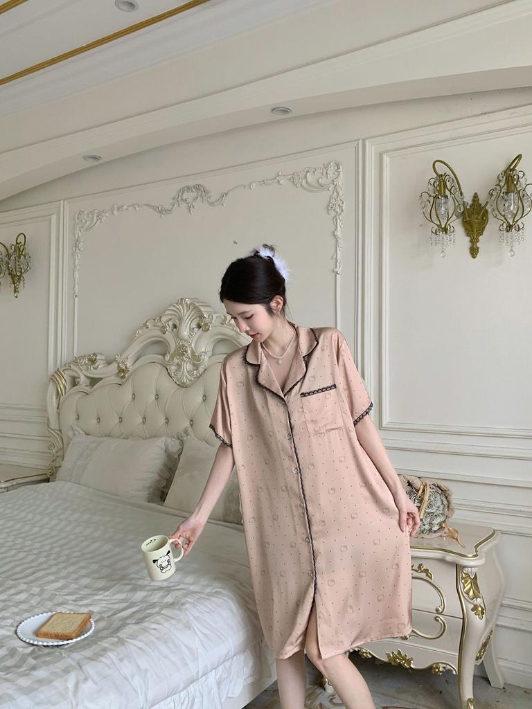 1011 Summer New Ice and Snow Silk Sweet and Sexy Short Sleeve Pajamas Women's Pure Desire Shirt Skirt Ice Silk Pajamas