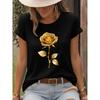 Golden Rose Pattern T-shirt, Short-sleeved Casual Crew Neck Top, Spring and Summer Women's Clothing