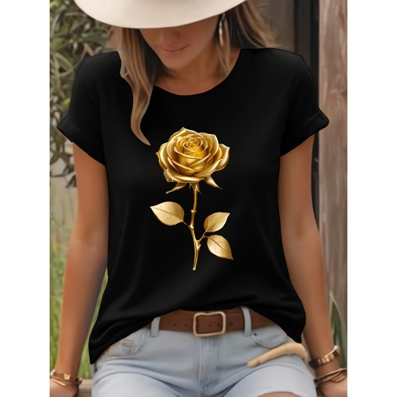 Golden Rose Pattern T-shirt, Short-sleeved Casual Crew Neck Top, Spring and Summer Women's Clothing