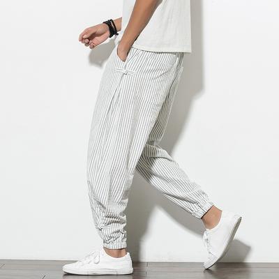 Spring Summer Disc Buckle Striped Harem Pants Men's Breathable Cotton Linen Pencil Pants Buckle Casual Bloomers Fashion Trousers