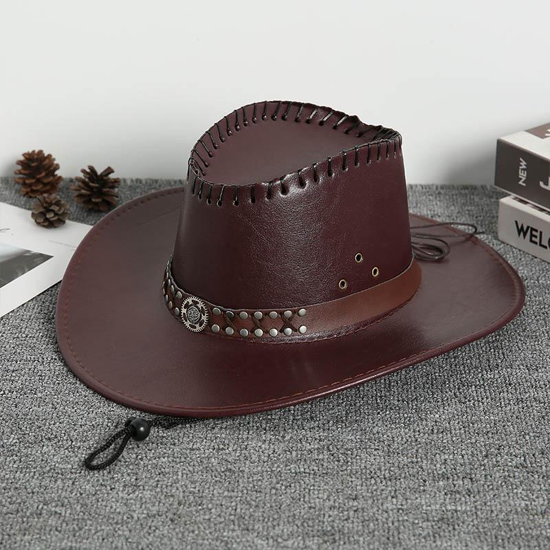 Ethnic Style PU Leather Cowgirl Hat Women Men Wide Brim Western Caps for Carnival Rave Party Travel Panama Jazz Hats