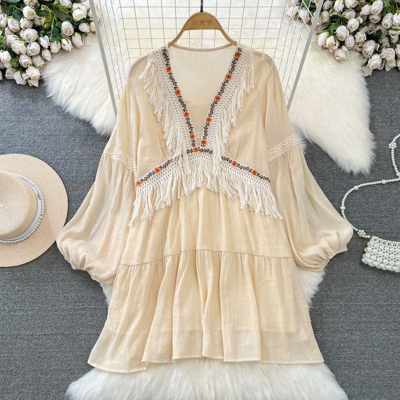 Lantern Sleeve Tassel V-neck Patchwork Loose A- line Dress
