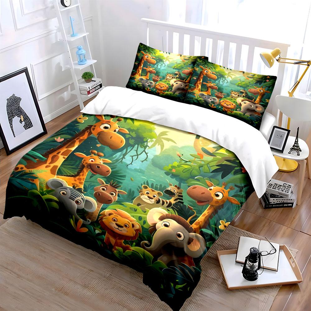 Cartoon Jungle Animals Decor Set Multiple Sizes Kid'S And Adults' Bedroom Exquisite 3Pc Bedding Set, Gift