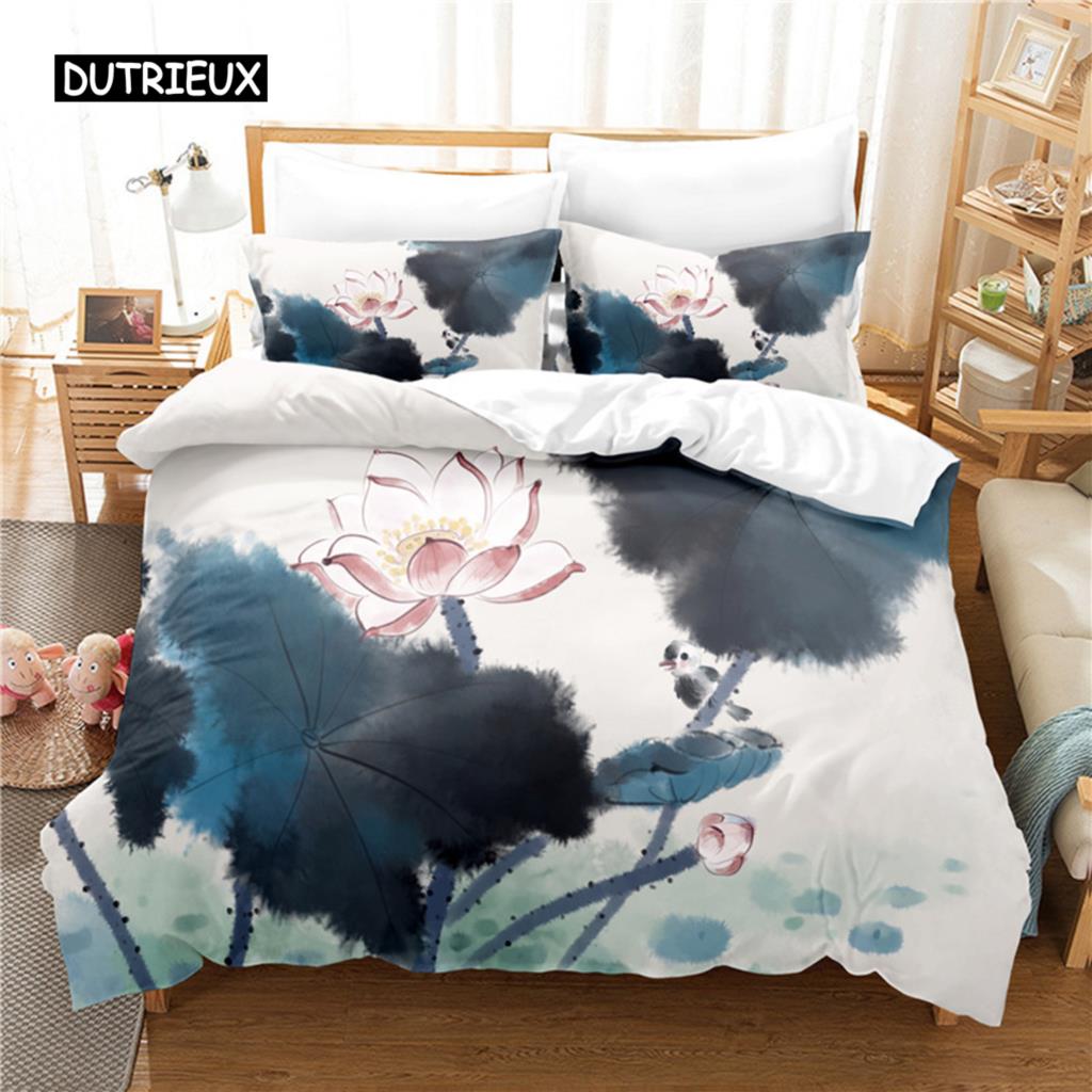 Lotus Floral Duvet Cover King Microfiber Water Hibiscus Bedding Set Flower Leaves Quilt Cover Nature Art Theme Bedspread Cover
