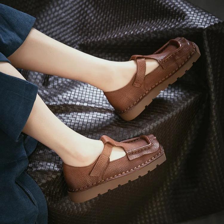 Johnature Square Toe Thick Soled Comfortable Commuter Women's Shoes Retro Genuine Leather Flats