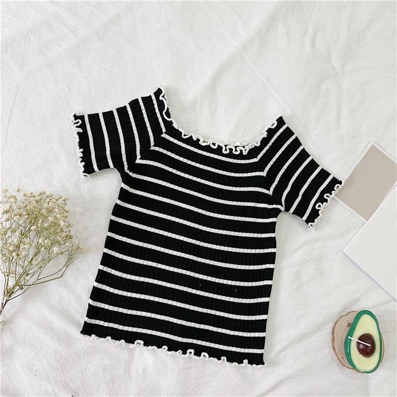 Women's Slash Neck Striped Short Sleeve Knitted Ruffles T-Shirt