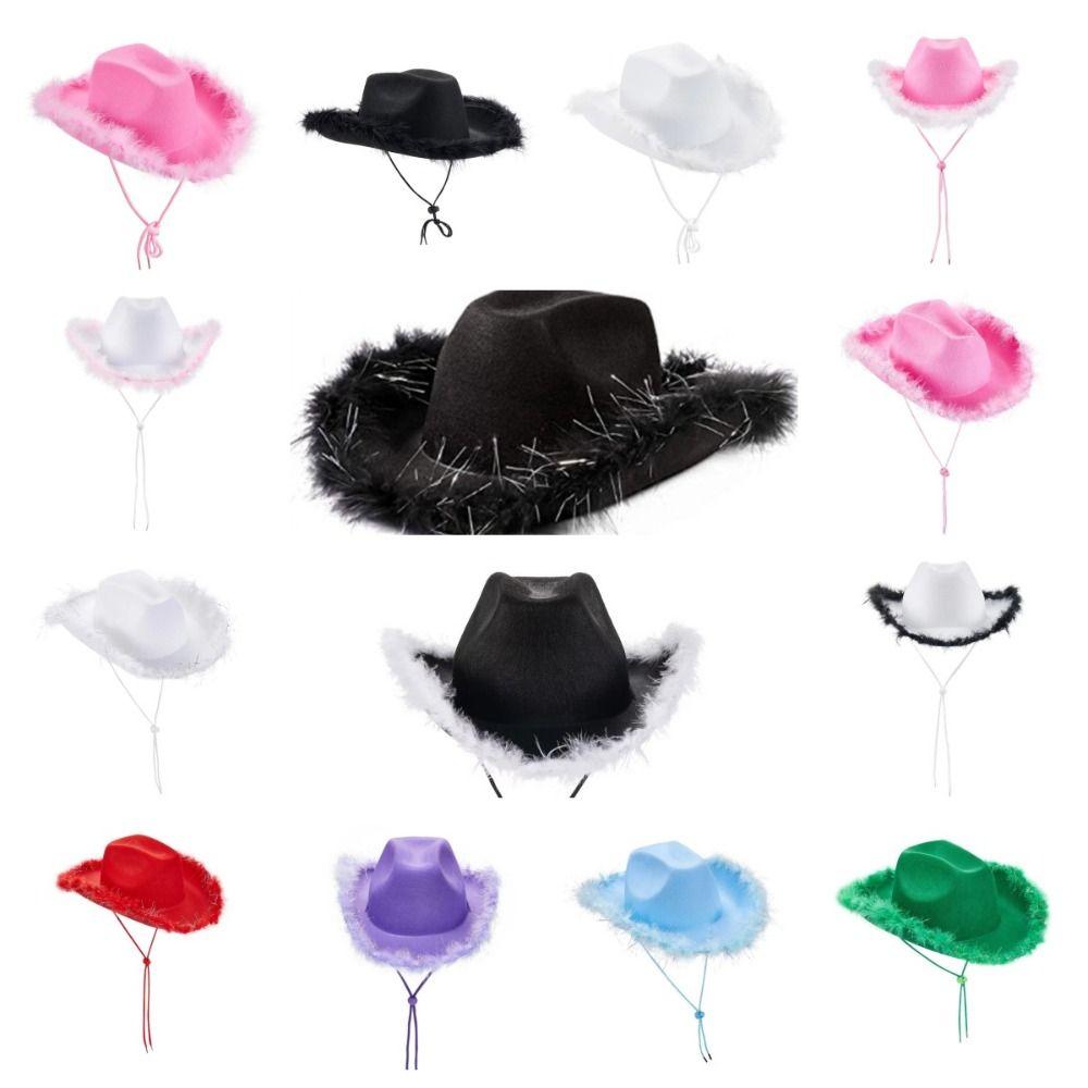 Wide Brim Western Cowboy Hat Furry Trim Top Hat Classic Cowgirl Hat Street Party