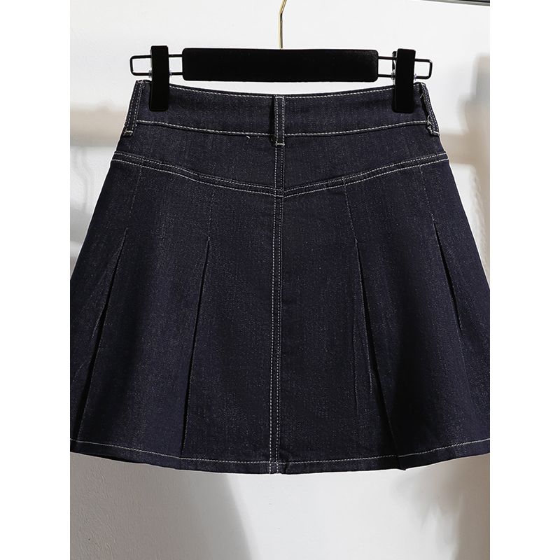 College Sweet Plus Size Denim Skirt A- Line High Waist Pleated Slim-Fit Cover Fashion Tape Lining Skirt M-4XL
