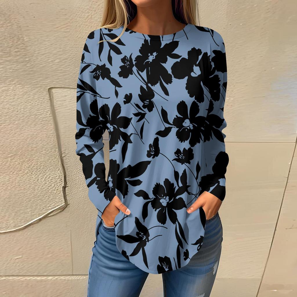 Women's Loose Casual Flower Printed Round Neck Long Sleeved T Shirt Top Pullover Long Sleeved Sweatshirt