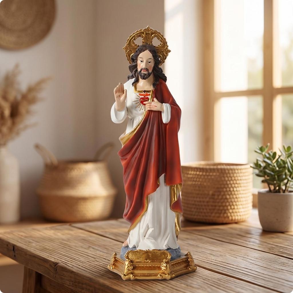 Religious Figurine Detailed with Golden Circlet Classical Resin Statue for Altar, Prayer