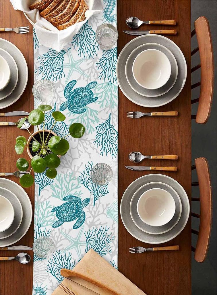 Summer Beach Sea Turtle Nautical Coral Linen Table Runners Seasonal Farmhouse Party Decor Kitchen Dining Table Wedding Decor