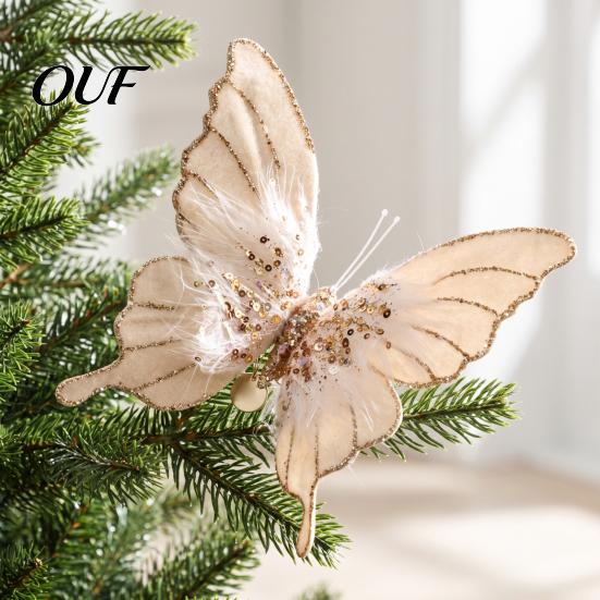 Three Dimensional Butterfly Tree Ornaments Velvet Christmas Ornaments, Artificial Glitter Sequins Xmas Decorative Butterflies for Trees Decoration