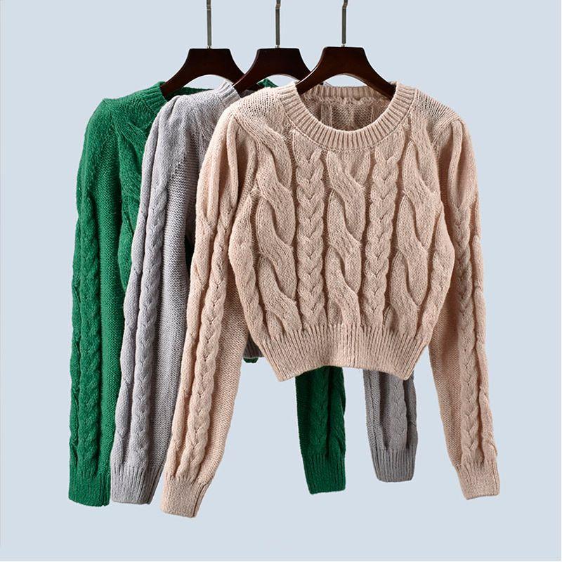 Spring Autumn Short Knitted Sweater Cable-Knit Pullover Puff Sleeves Stylish High Waist Bottoming Shirt Outwear Women