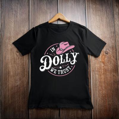 Camiseta Dolly Parton En Dolly Confiamos Negra Camiseta Rosa Sombrero de Vaquero Occidental S-5XL