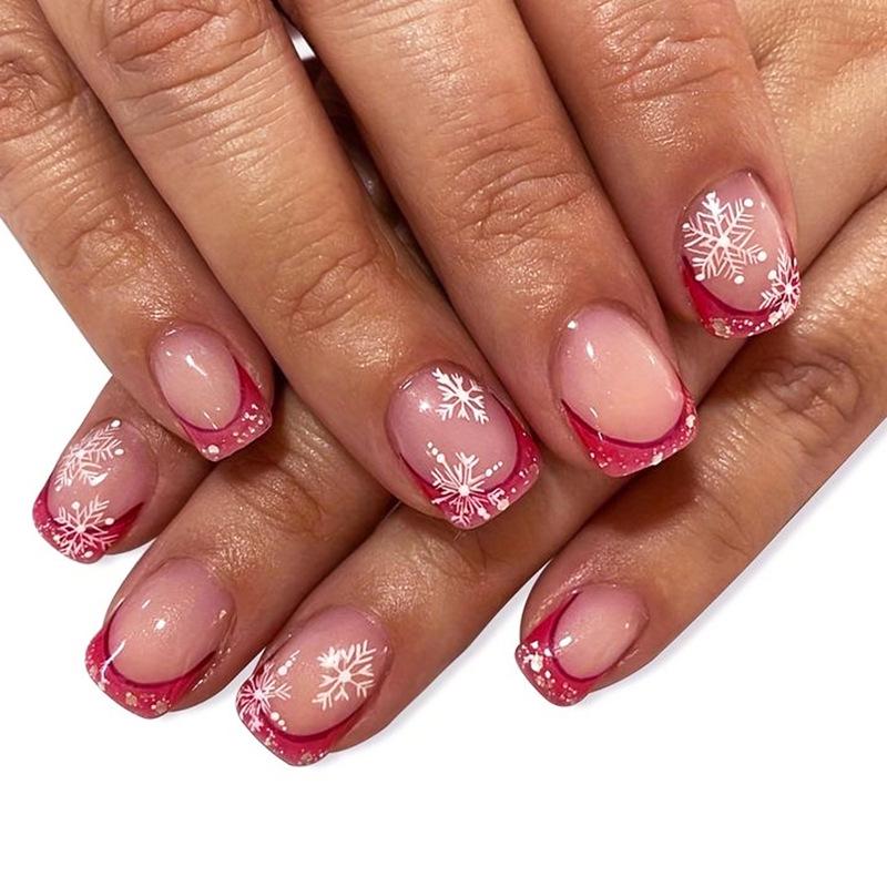 2024 Snowflake Glitter Pink French Press-on Nails, 24 Short Pieces