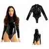 Women Wet-look PVC Leather High Collar Long Sleeves Teddy Bodysuit Catsuit Nightwear Clubwear