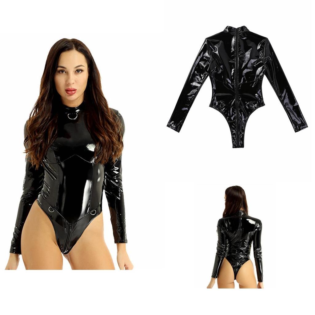 Women Wet-look PVC Leather High Collar Long Sleeves Teddy Bodysuit Catsuit Nightwear Clubwear
