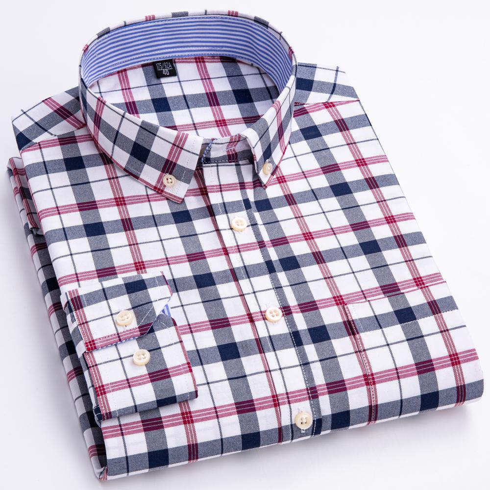 Cămașă Oxford cu carouri pentru bărbați, cu mânecă lungă, 100% bumbac, cu guler cu nasturi și buzunar la piept, croială confortabilă, casual, de primăvară-toamnă, durabilă, rezistentă la șifonare