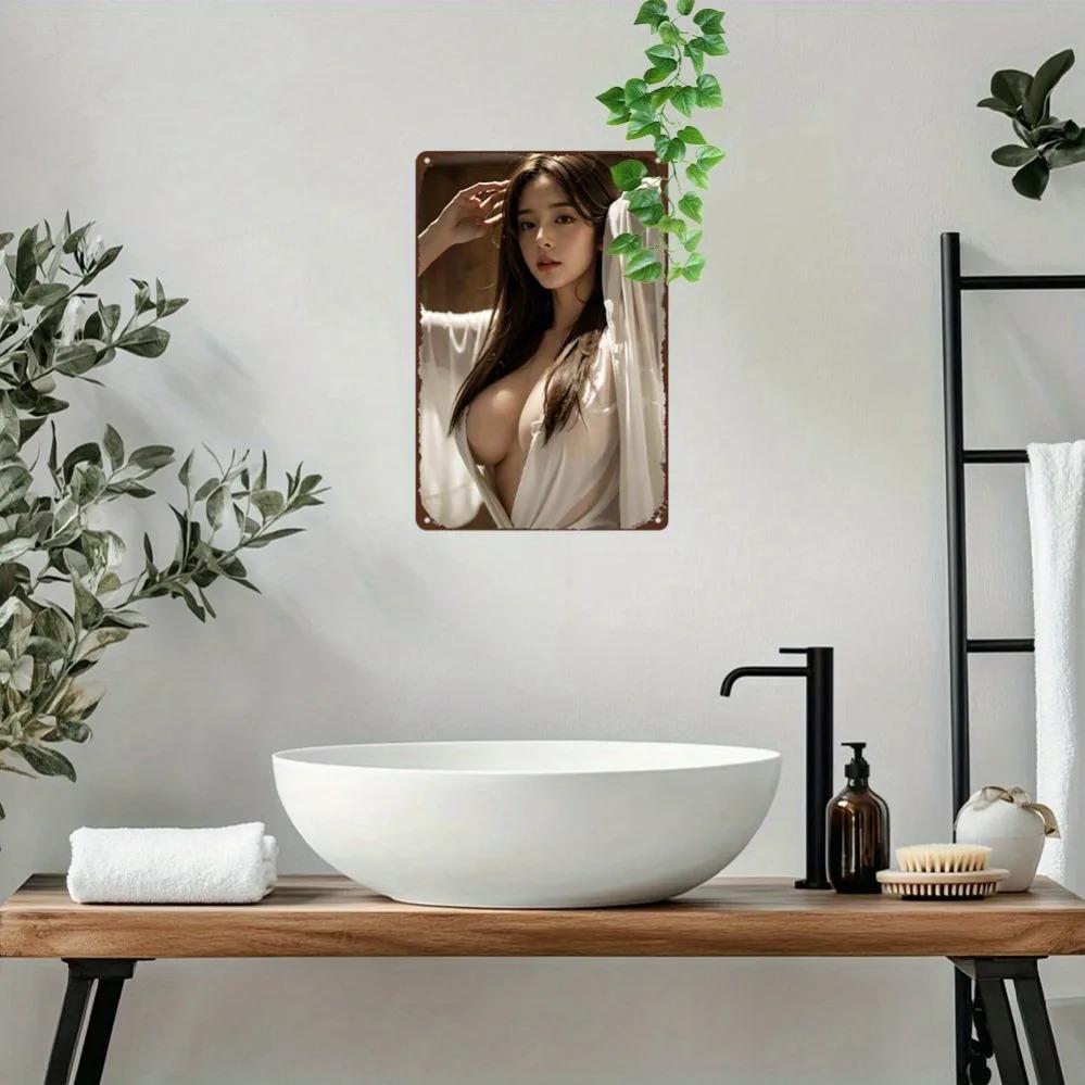 Anime Girl Metal Wall Art 8x12 Inch Retro White Lingerie Design Green Leaves Home Decor