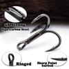 High Carbon Steel Treble Hooks 50Pcs Sharp Round Bend Strong Fish Hook Kit Split Rings for Lure Fishing