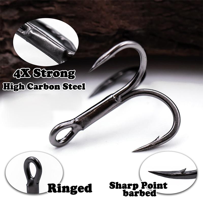 High Carbon Steel Treble Hooks 50Pcs Sharp Round Bend Strong Fish Hook Kit Split Rings for Lure Fishing