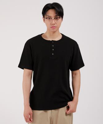 Dibellobeu Basic Henley Neck Waffle Short Sleeve T-Shirt_Black