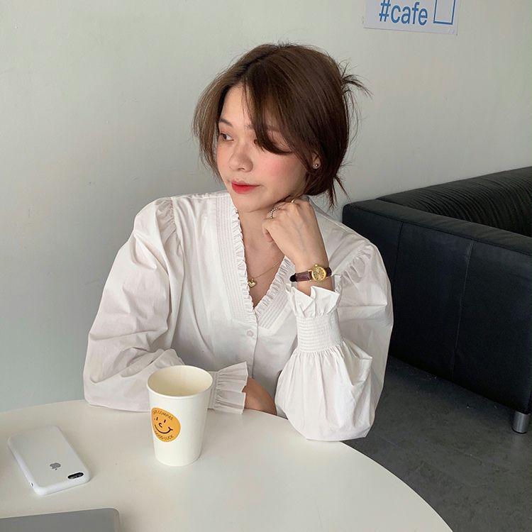Women's French V-Neck Ruffled Puff Sleeve Shirt - Spring/Autumn Korean Chic