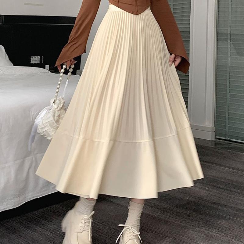 Drape High-Waist Slim-Fit Midi Skirt for Women - Spring/Summer Loose Pleated Flattering A-Line Maxi Half Skirt