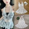 V-neck Lace-up Short Skirts Transparent Dresses Women Fashion Lace Halter Dress  For Girls