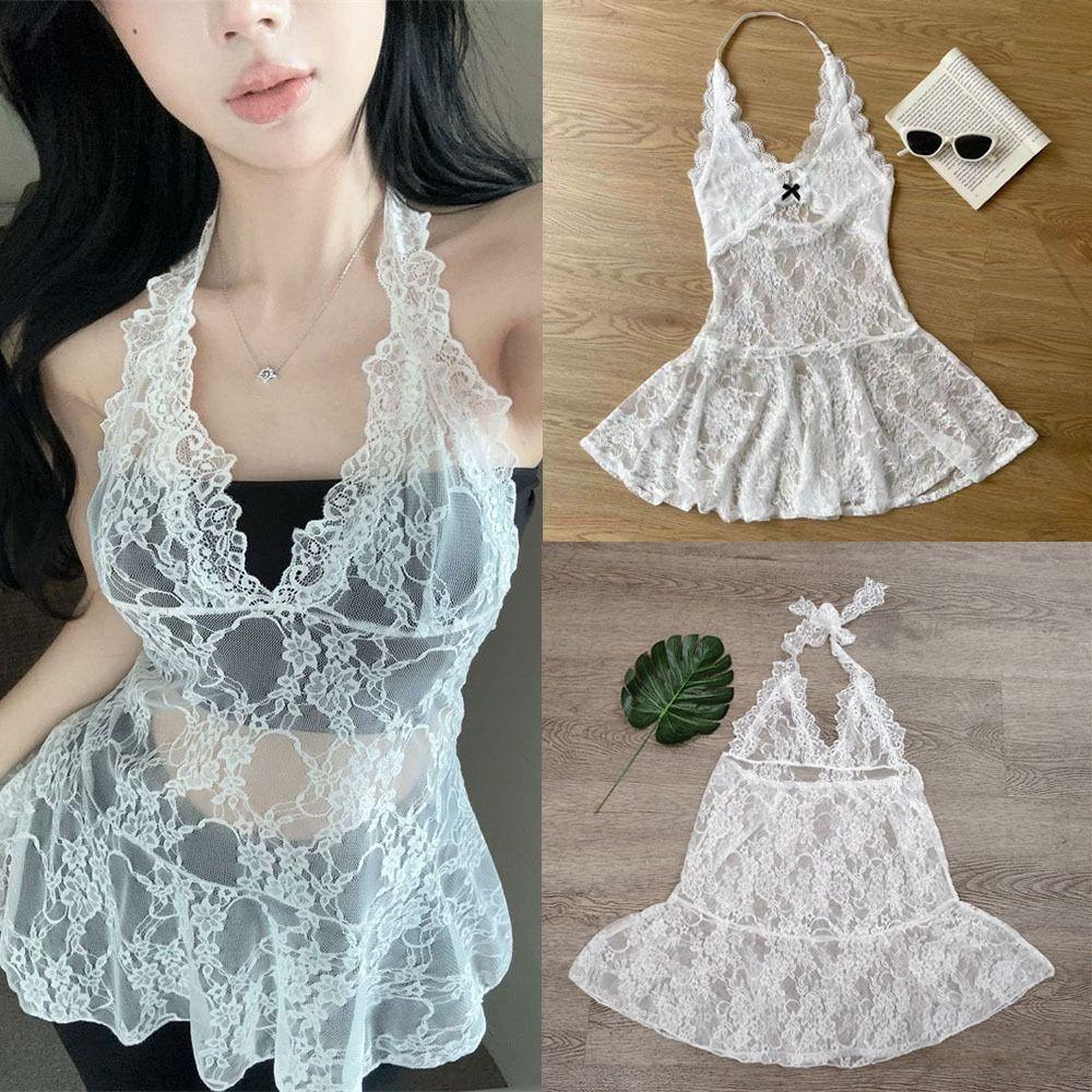 V-neck Lace-up Short Skirts Transparent Dresses Women Fashion Lace Halter Dress For Girls