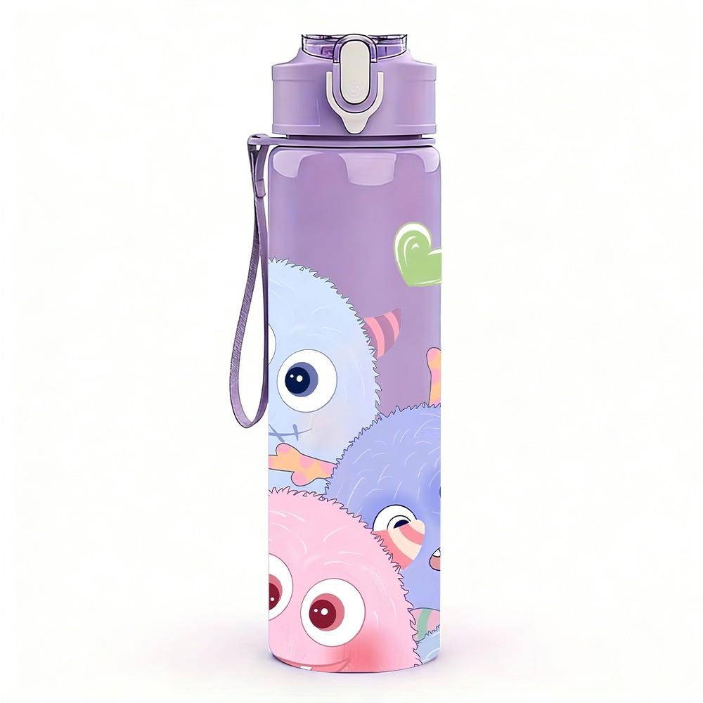 1PC Cute Round Monster Cartoon Print 750ml Color Plastic Sports Water Bottle Leakproof Flip Straw Lid Suitable for Sports Office Home Use