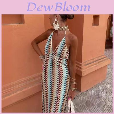 Polyester Embroidered V Neck Backless Dress For Summer Party Wear