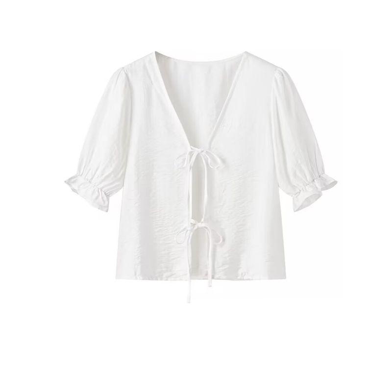 Kaslead New Arrival Women's Fashion Style Fashion Minimalist Pure Color Casual All-Match Short-Sleeved Shoelace Shirt