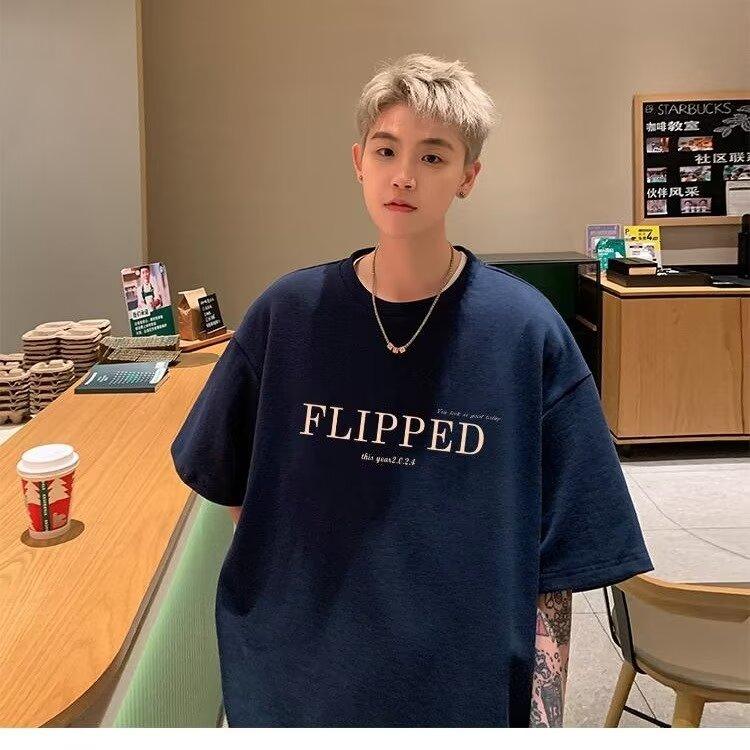 

Новая летняя футболка с короткими рукавами для мужчин, тренд в корейском стиле, простой топ с короткими рукавами, свободная повседневная брендовая футболка в гонконгском стиле 5XL темно-синий