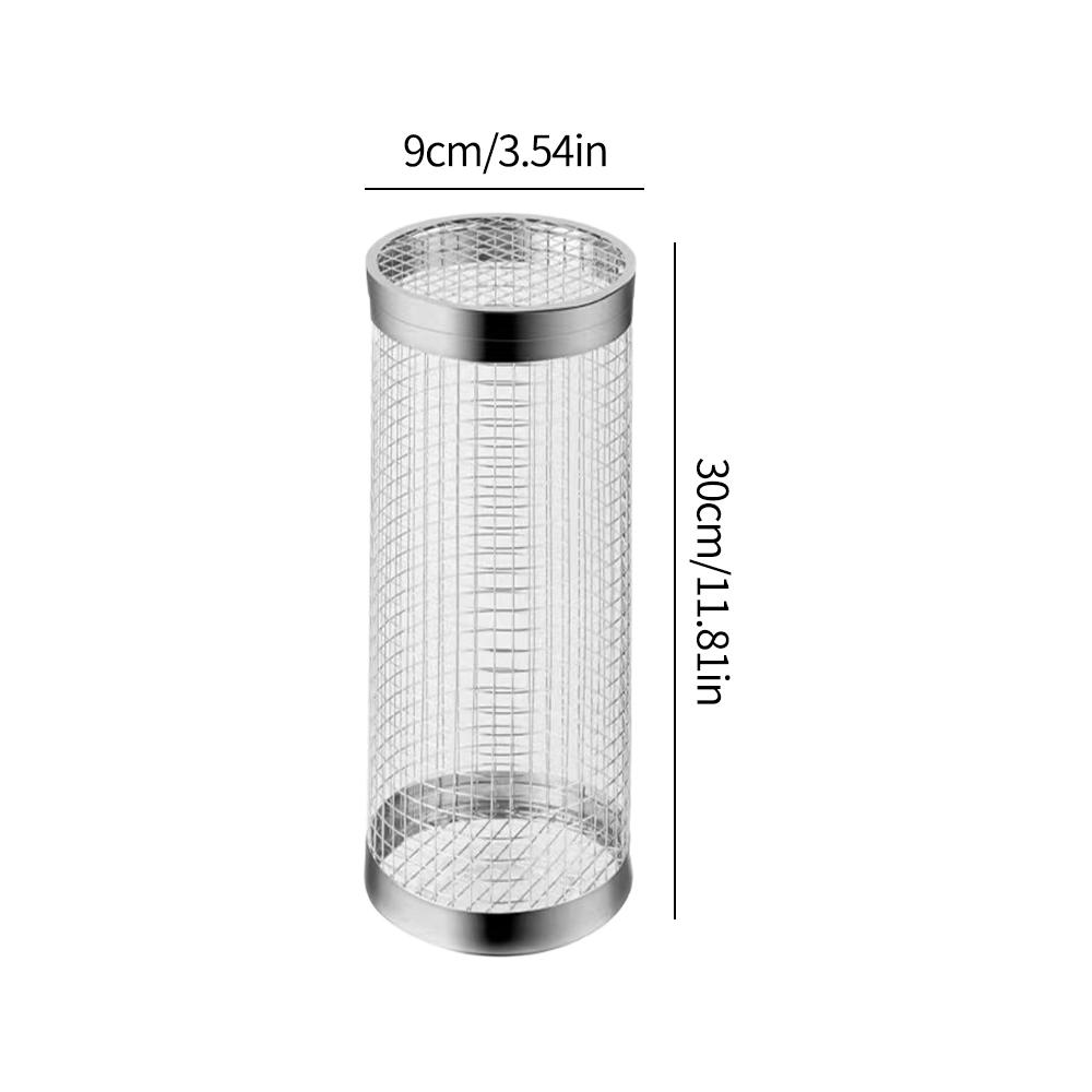 Round BBQ Basket Stainless Steel Rolling Grilling Basket Wire Mesh Cylinder Grill Basket Portable Outdoor Camping Barbecue Rack