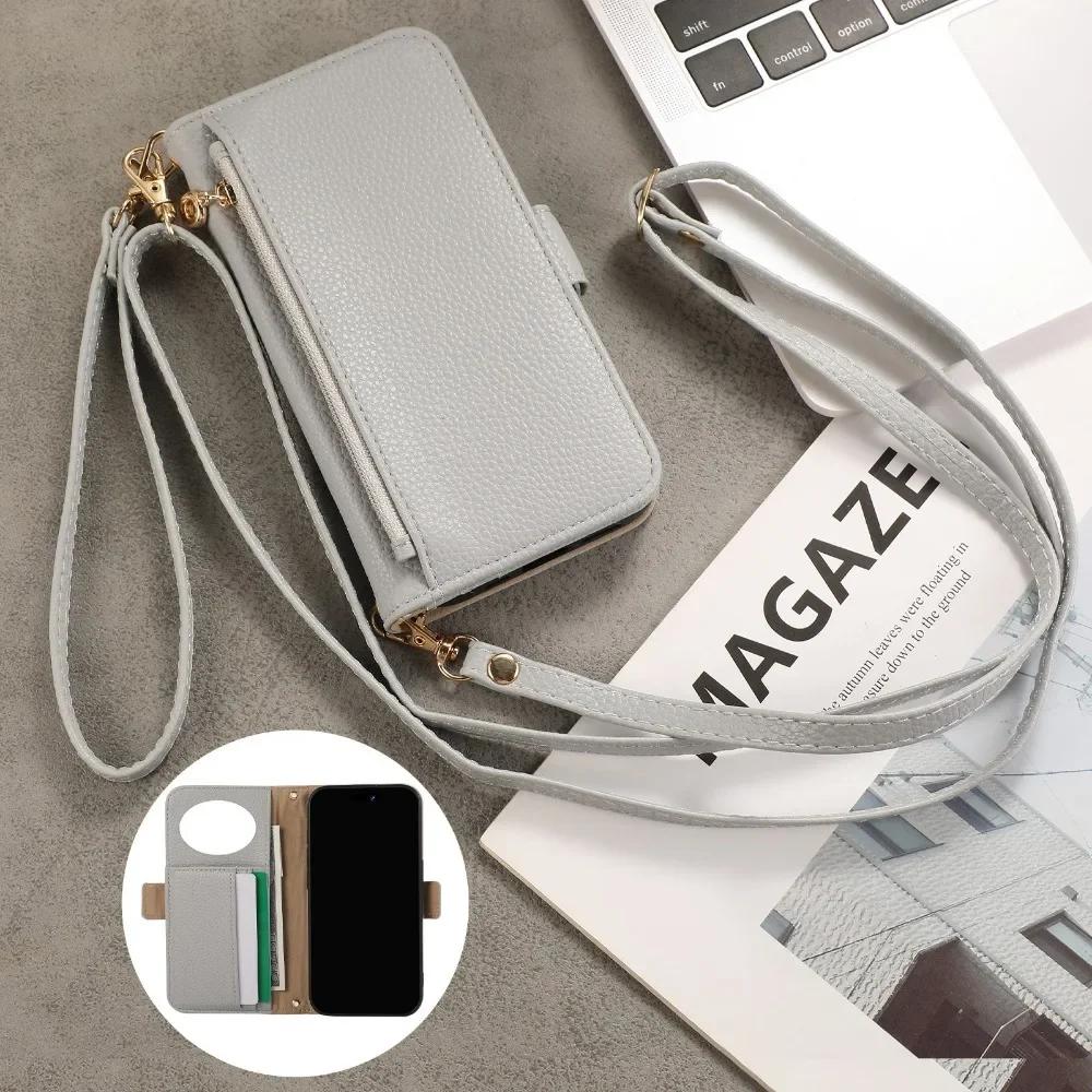 Crossbody Wrist Strap Phone Case for Galaxy S25 Ultra S24 FE S23 S22 S21 S20 Plus A55 A35 A15 A54 Mirror Wallet Card Slots Cover