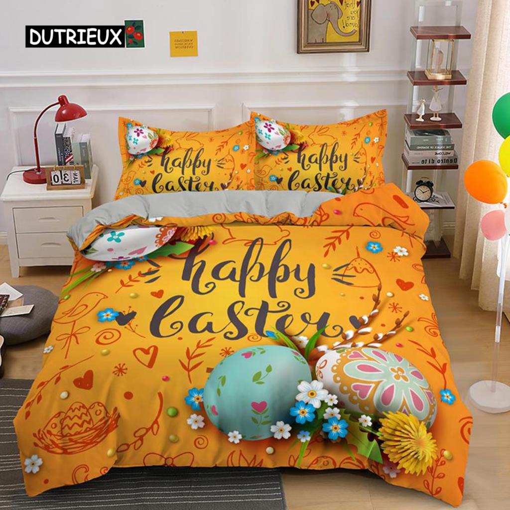 Easter Duvet Cover Set Queen Size Golden Egg Twin Bedding Set for Kids Boys Girls Easter Theme Polyester Comfortable Quilt Cover