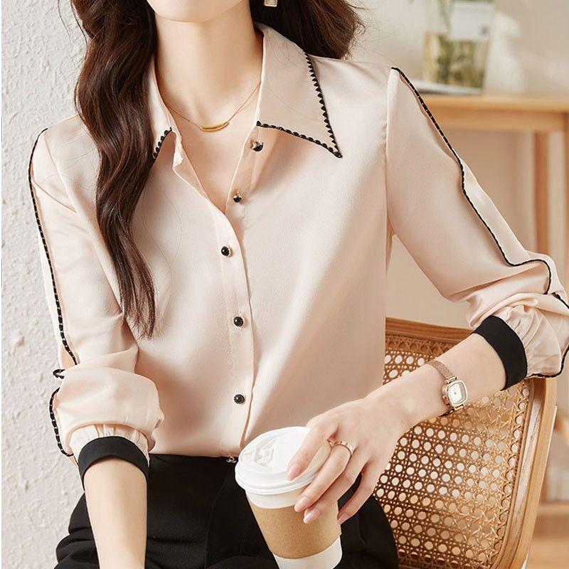 Blouses Premium Autumn Winter Straight Korean Thin Striped Button Women's Clothing Turn-down Collar Temperament Dignified