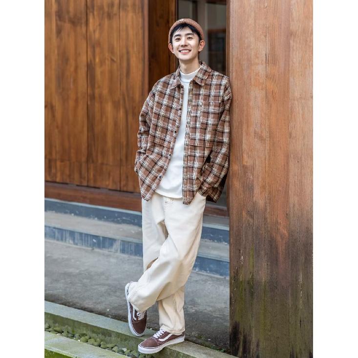 Spring and Autumn Japanese Style Retro Plaid Shirt Men's and Women's Hong Kong Style Loose Casual Long Sleeves Shirt Thin Preppy Style Coat