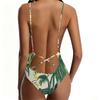 Women’s Printed Swimsuit Deep V Neck Backless Swimwear Tropical Leaf Pattern Athletic Bathing Suit