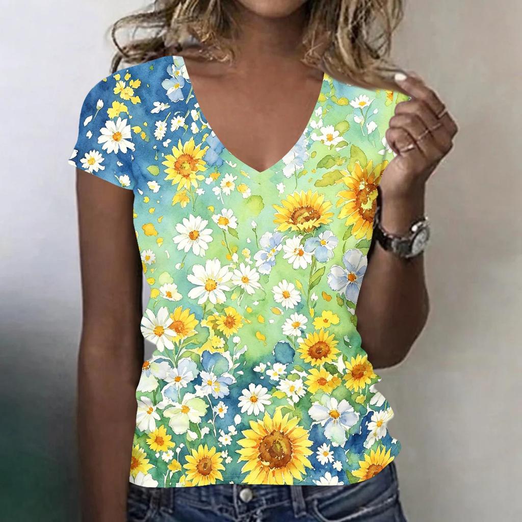 Women's Casual V Neck Short Sleeve Floral Print T Shirt Top Lightweight Comfortable Summer Tee with Daisy Pattern