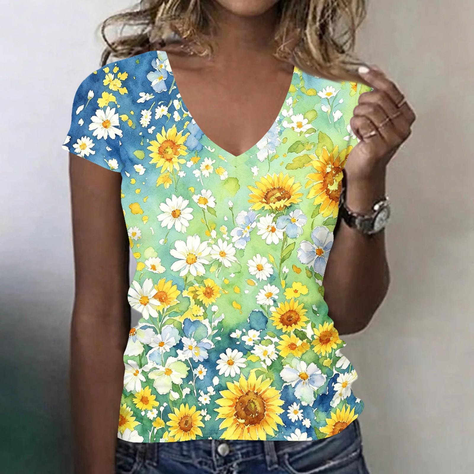 Women s Casual V Neck Short Sleeve Floral Print T Shirt Top Lightweight Comfortable Summer Tee with Daisy Pattern XL