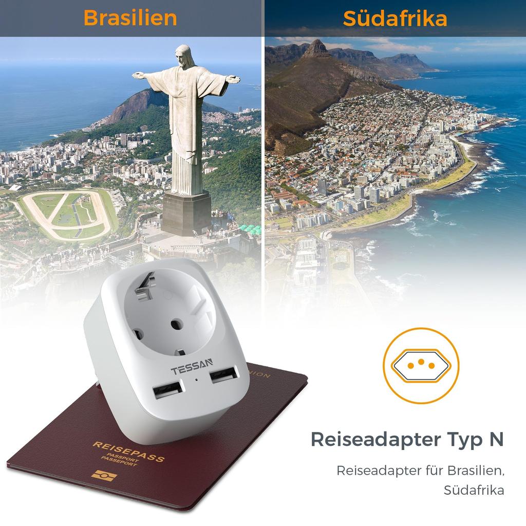 Tessan 3 In 1 Brazil Plug Adapter, 1 Compartment Adapter Brazil Socket, Type N Travel Adapter for South Africa, Grey