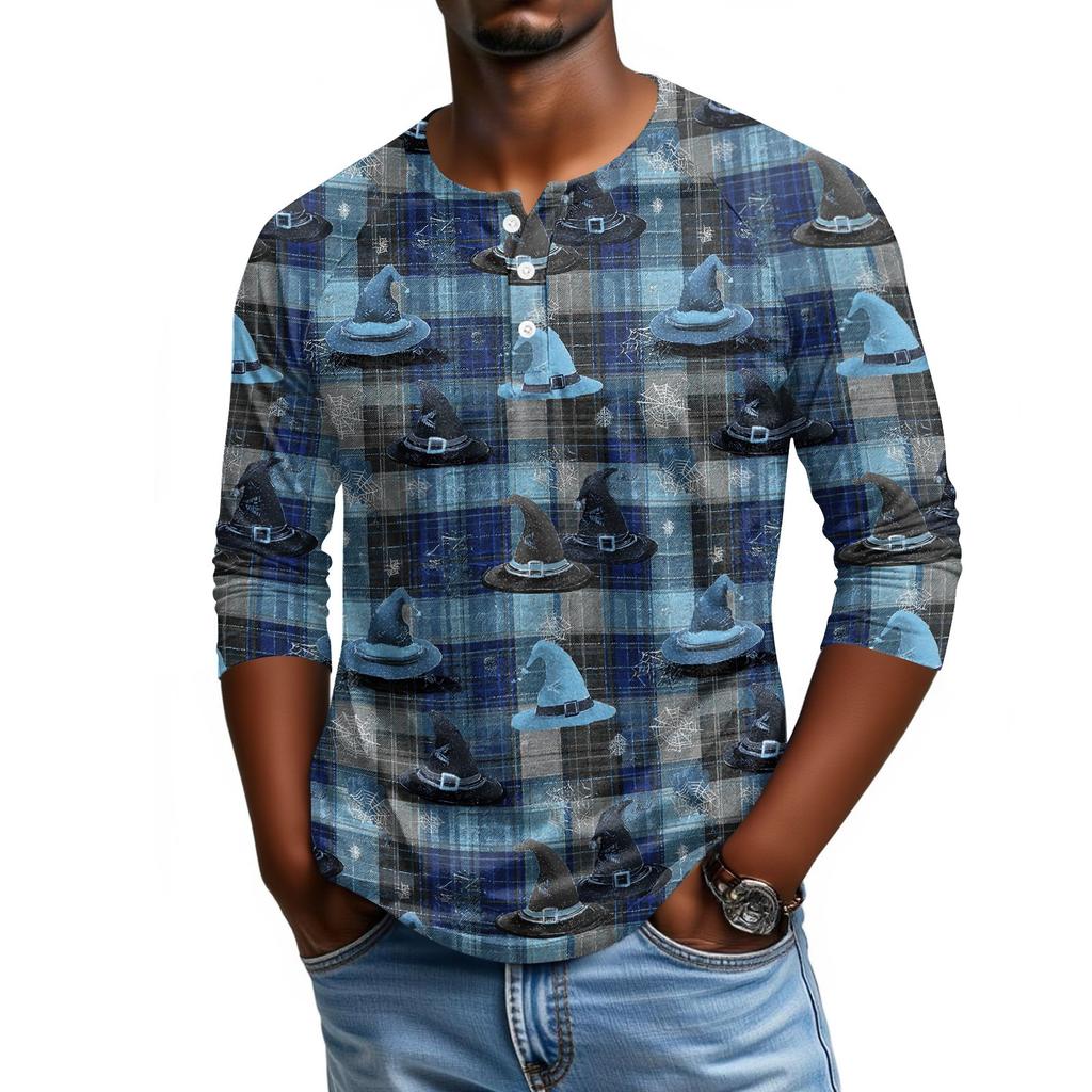 Men's Casual Halloween Print Raglan Sleeve Henley Shirt Three Quarter Sleeve Lightweight Comfortable Top for Everyday Wear