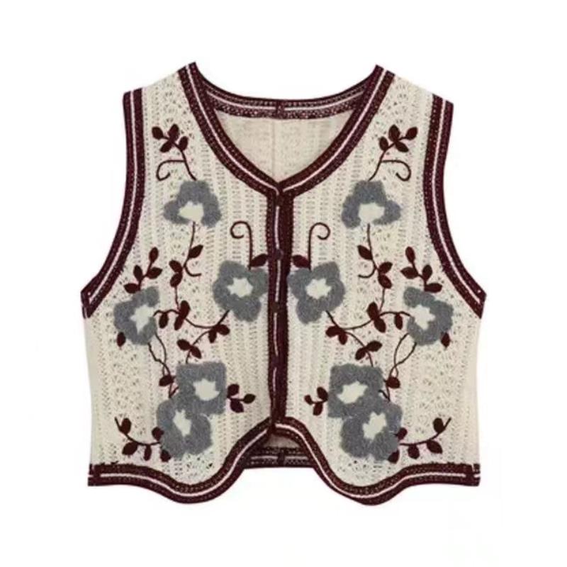 Retro Heklet Hul Ut V-hals Vest Dame Koreansk Broderi Mote Enkeltspent Ermeløs Vest Fransk Casual Overbekledning Topper